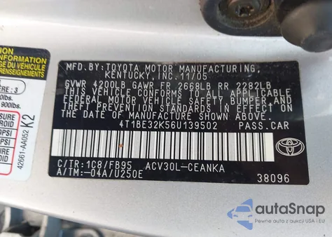 2006 Toyota Camry Le z USA, uszkodzony, nr VIN 4T1BE32K56U139502